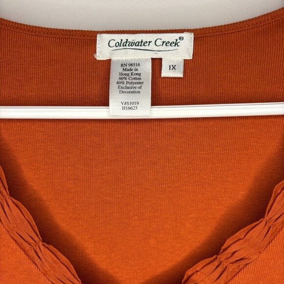 COLDWATER CREEK V-Neck Tee 1X Orange Pleats Soft Stretch - Picture 3 of 4